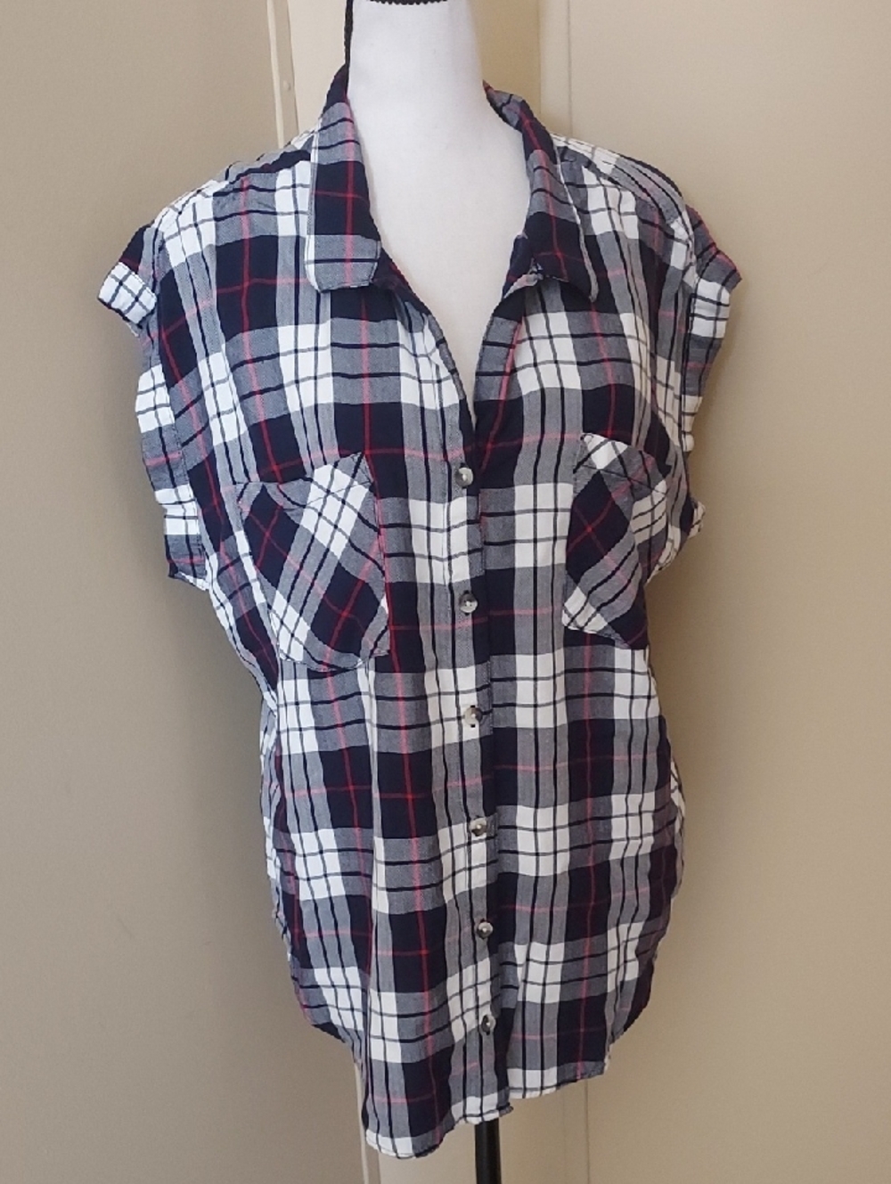 Jachs Girlfriend Navy White Red Plaid Button-Up